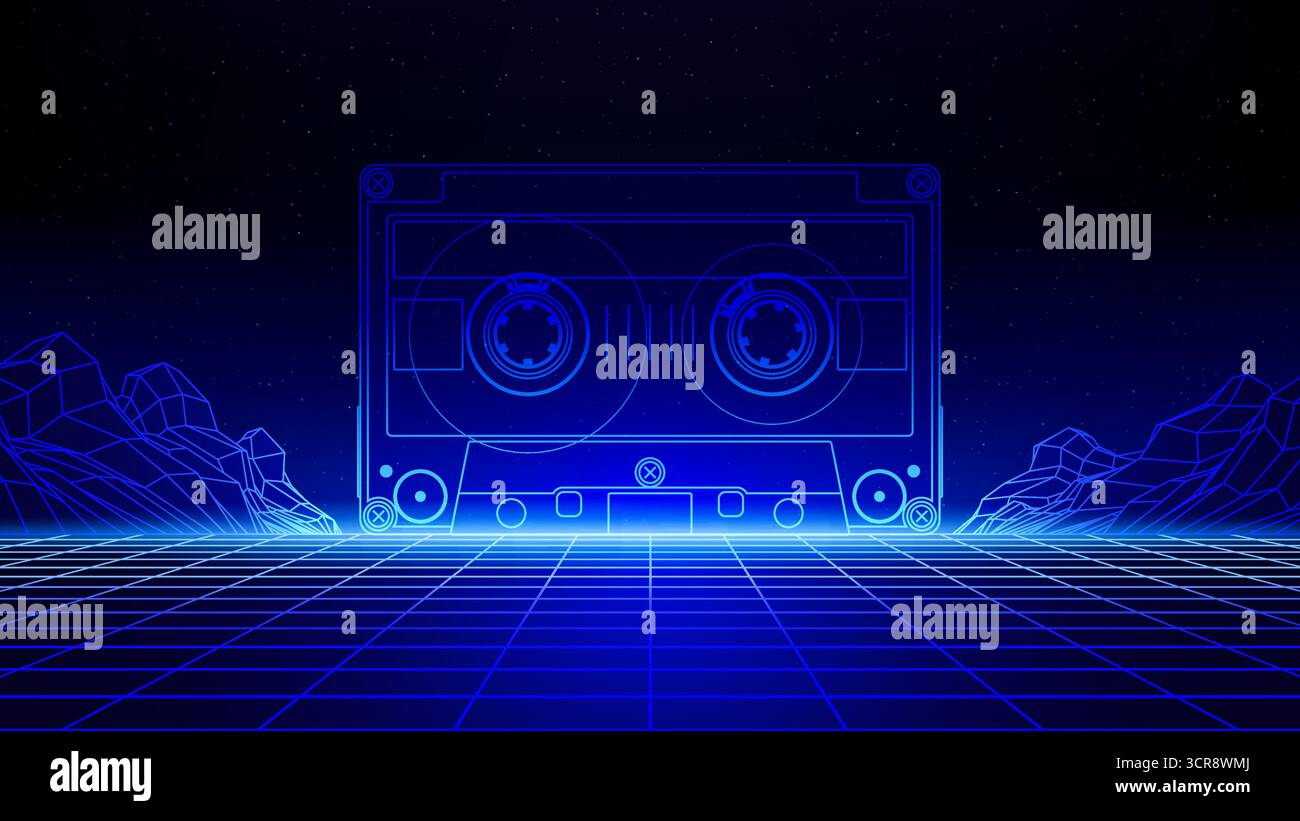 Fond abstrait rétro futuriste. Affiche de style Synthwave des années 80. Triangle néon, grille laser 3D, cassette audio compacte, montagne filaire. Temp. Musique Illustration de Vecteur