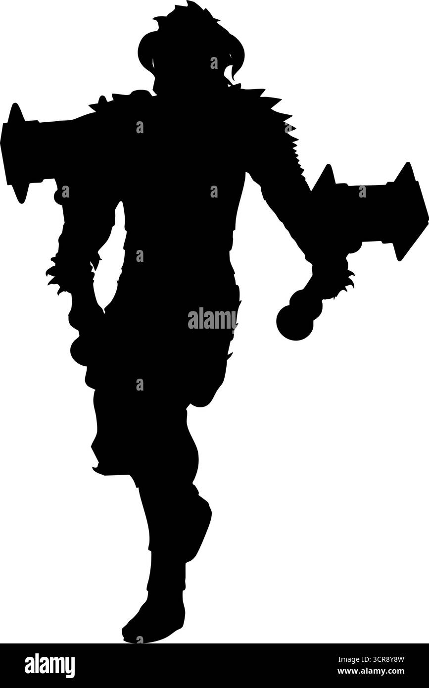 Illustration abstraite d'une silhouette de guerrier fantastique portant une armure cornée et cramponnée dans une pose agressive. La figure forte et dynamique est idéale pour h. Illustration de Vecteur