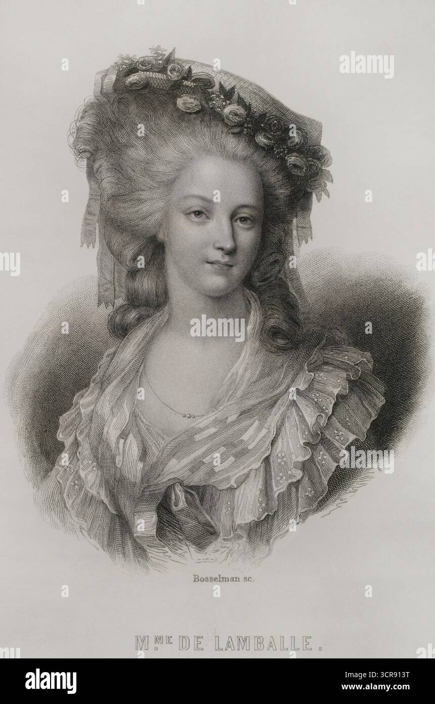 Marie-Thérèse-Louise de Savoie (1749-1792). Princesse de Lamballe. Aristocrate français. Ami personnel et confident de la reine Marie Antoinette. Elle a été tuée lors des massacres de septembre 1792. Portrait. Gravure de Bosselman. Histoire de la Révolution française, par M.A. Thiers. Volume II. Paris, Furne et Cie, 1845. Banque D'Images
