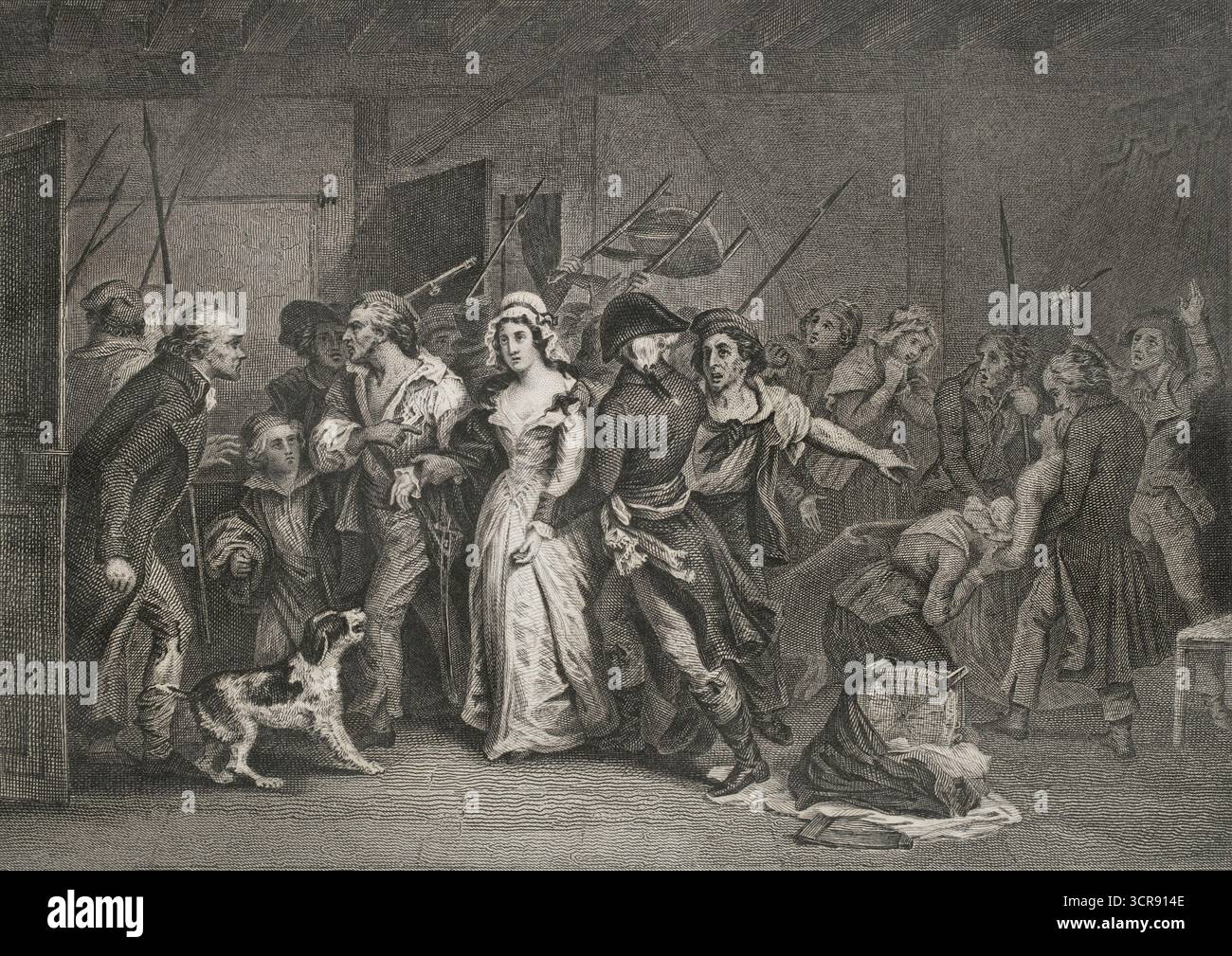 Jean-Paul Marat (1743-1793) Scientifique et médecin français devenu un homme politique important pendant la Révolution française. Chef jacobin, il a défendu la terreur. Assassinat de Marat, 13 juillet 1793. Arrestation de Charlotte Corday (1768-1793), escortée par un groupe de sans-culottes alors qu'elle quitte la pièce. Dessin de Scheffer. Gravure d'Auguste Blanchard (1792-1849). Histoire de la Révolution française, par M.A. Thiers. Volume IV. Paris, Furne et Cie, 1845. Banque D'Images