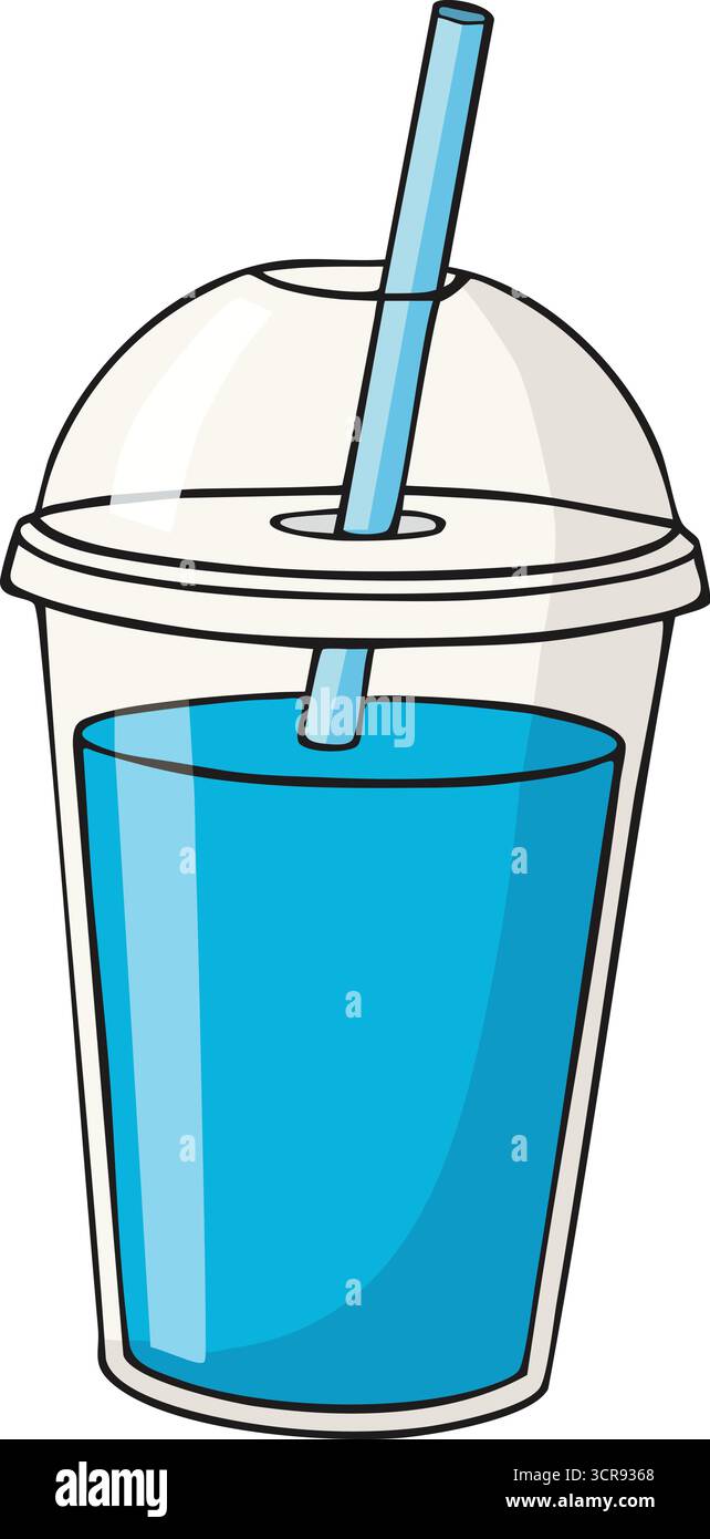 Une boisson glacée bleue rafraîchissante servie dans une tasse en plastique avec un couvercle bombé et de la paille Illustration de Vecteur