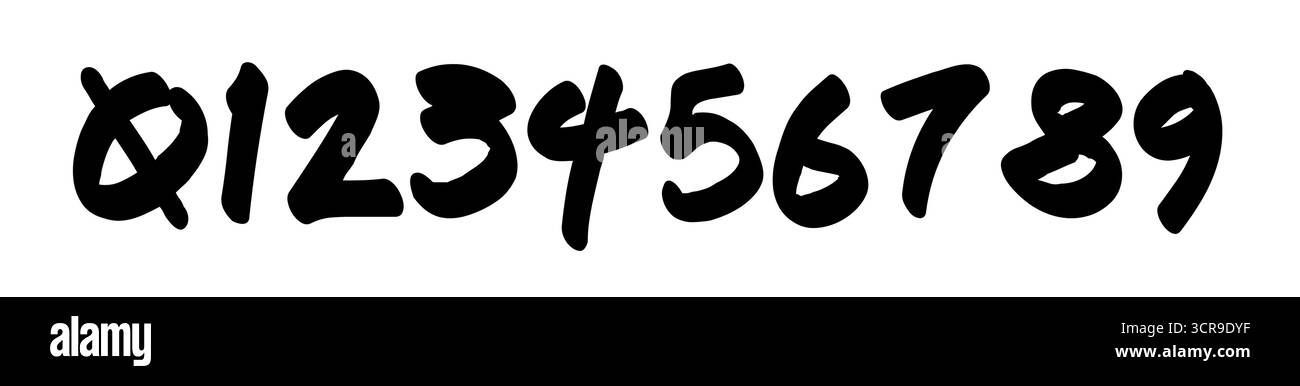 Brossez des chiffres manuscrits en gras, des chiffres d'affichage ludiques graffiti 0,1,2,3,4,5,6,7,8,9. Marqueur numérique dessiné à la main pour affiche, étiquette de prix, marque enfant Illustration de Vecteur