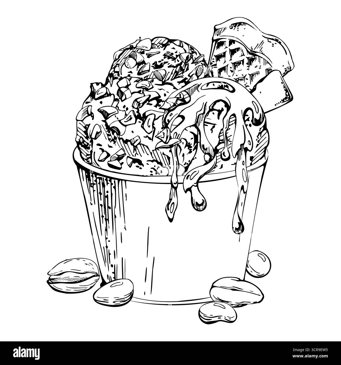 Cuillère à crème glacée Gelato dans une tasse en plastique, pépites de chocolat, garnitures de noix écrasées, sirop fondant, noix de pistache dragée de bonbons gaufrés. illustration graphique Illustration de Vecteur