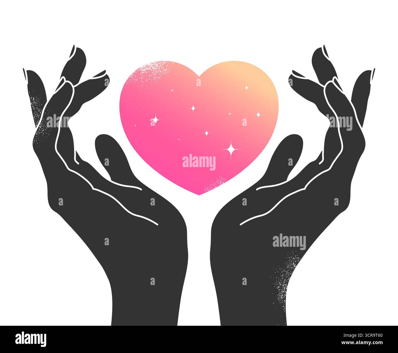 Emblème céleste avec des mains en creux tenant le cœur. Mains humaines avec une forme de coeur décorée d'étoiles. Illustration vectorielle Illustration de Vecteur