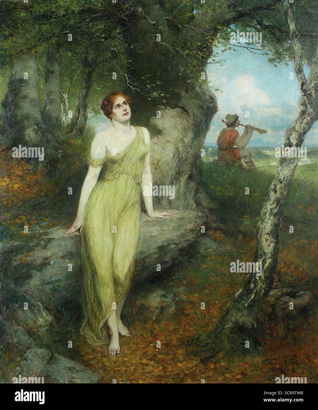 Ferdinand Leeke - Listening Wood Nymph ou A Woodland Beauty and Shepherd, est une huile sur toile peinte en 1921 Banque D'Images