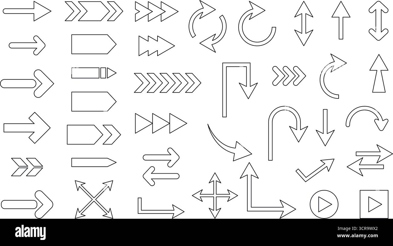 Ensemble de flèches noires linéaires vectorielles. Icône de pointeur, flèche, direction, bouton, mouvement, angle, cercle, rotation. Divers symboles de flèche dans le contour Illustration de Vecteur