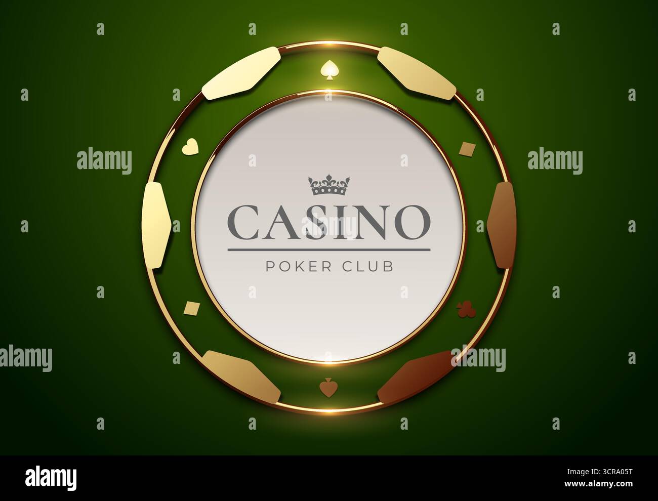 Design élégant de jeton de casino avec un cadre doré et inscription au club de poker. Thème de jeu luxueux sur un fond vert profond. Idéal pour la marque de casino Illustration de Vecteur