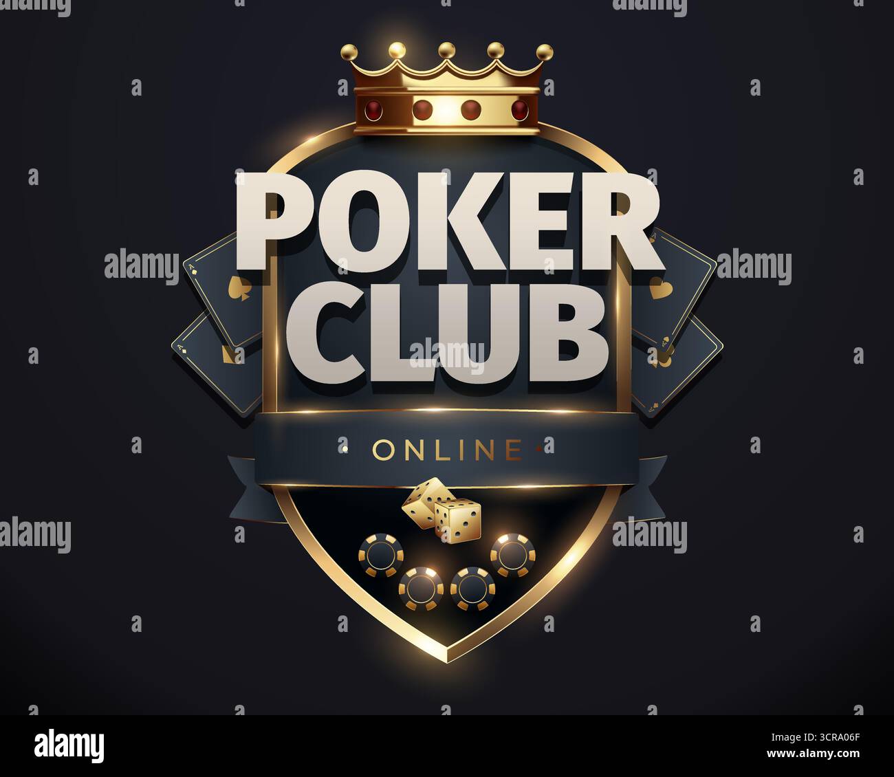Emblème de club de poker de luxe avec une couronne d'or, des cartes à jouer et des dés sur un fond sombre. Parfait pour la marque de casino, les promotions de jeu en ligne Illustration de Vecteur
