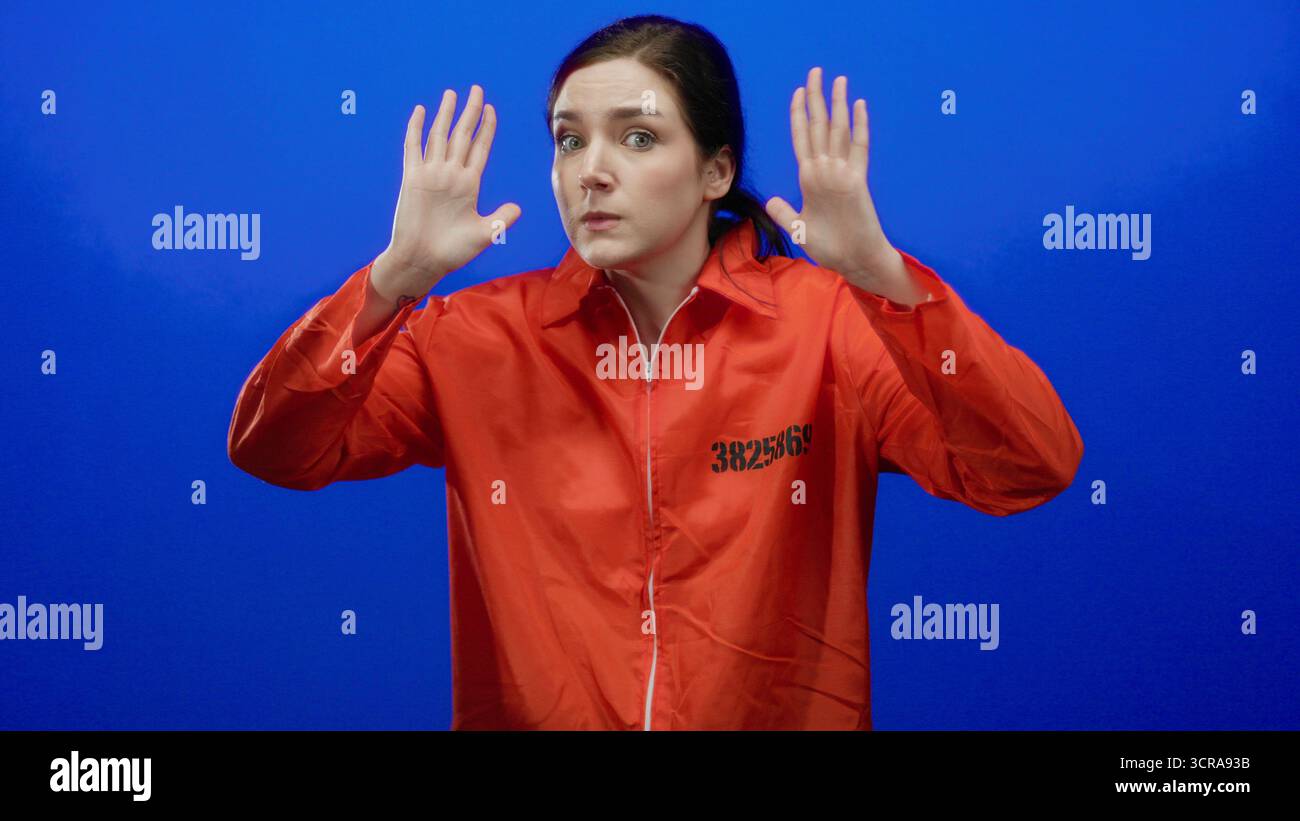 Femme en combinaison de prison orange sur fond bleu exprime la frustration couvrant les oreilles et les gestes, soulignant l'intensité émotionnelle dans un confi Banque D'Images
