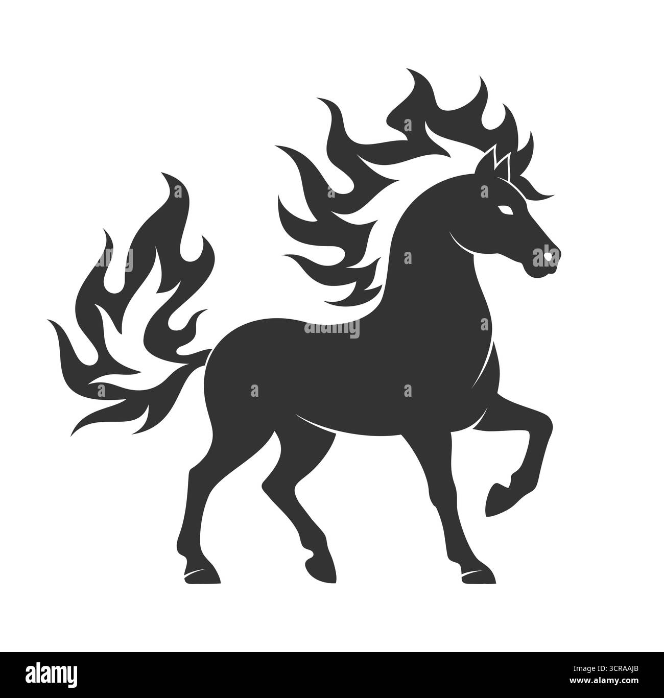 Silhouette latérale noire d'un cheval avec une crinière ardente et une queue ardente sur un fond blanc. Illustration vectorielle Illustration de Vecteur