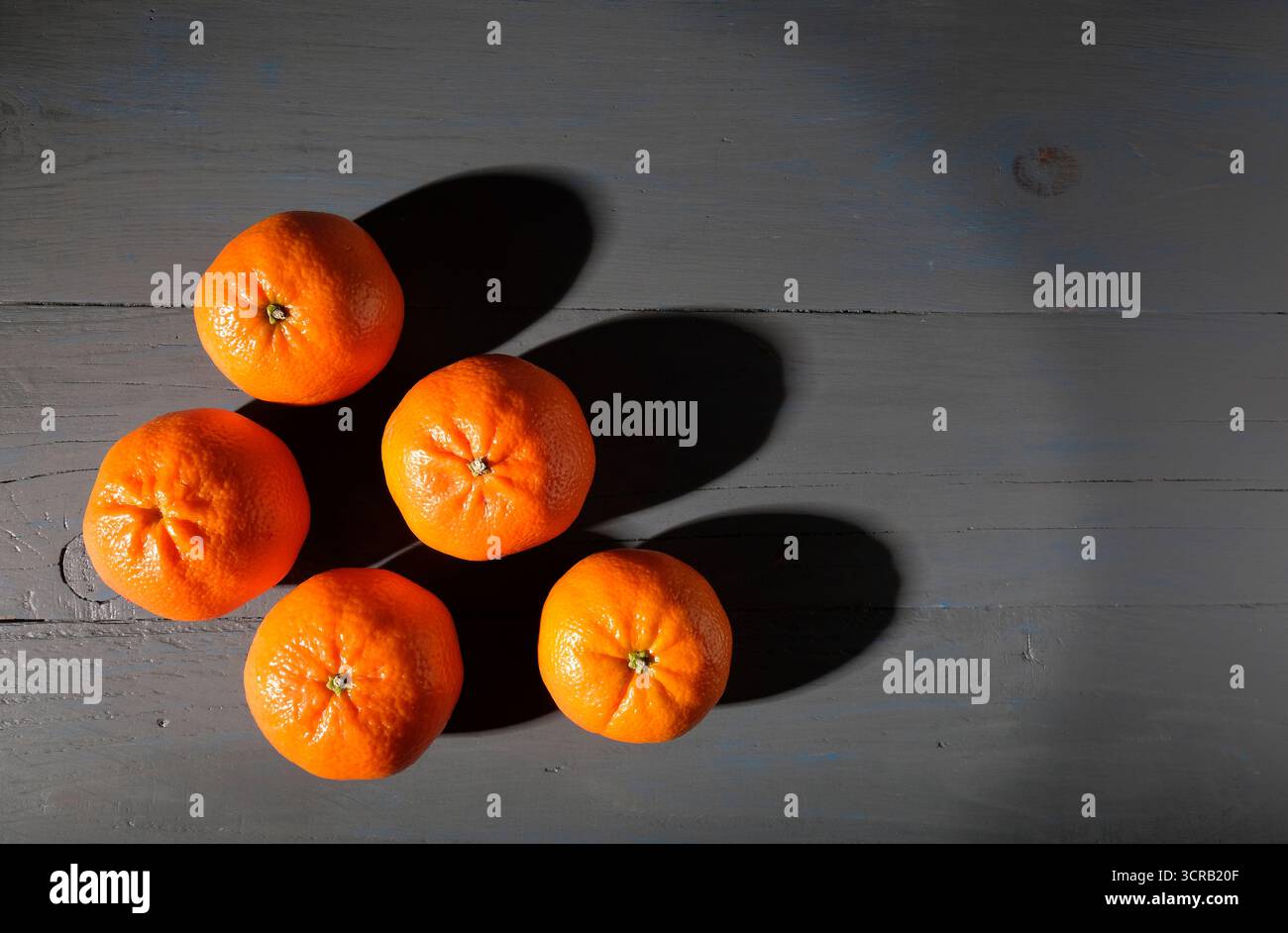 orange mandarine oranges sur dessus de table peint en gris Banque D'Images