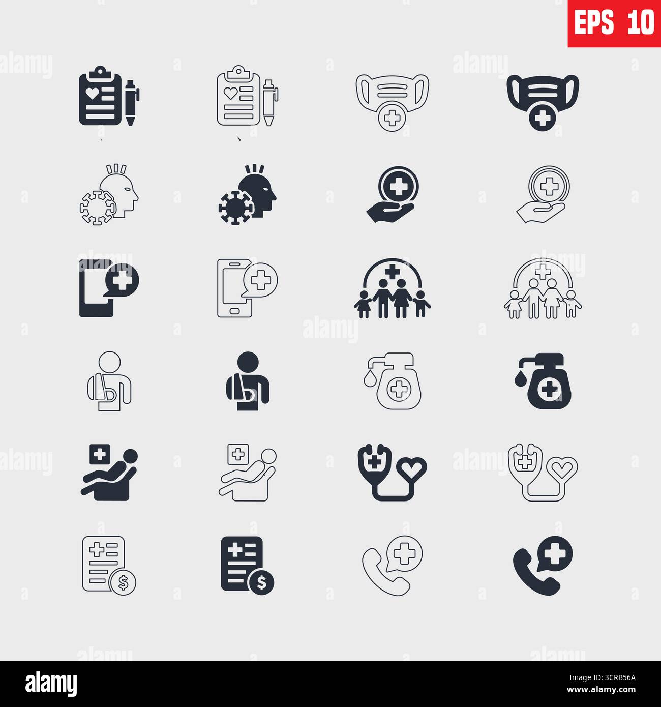 Jeu d'icônes santé. Contenant le traitement, la prévention, médical, la santé, le diagnostic, signalement, maladie, blessure et plus encore. Collection d'icônes vectorielles solides. Illustration de Vecteur