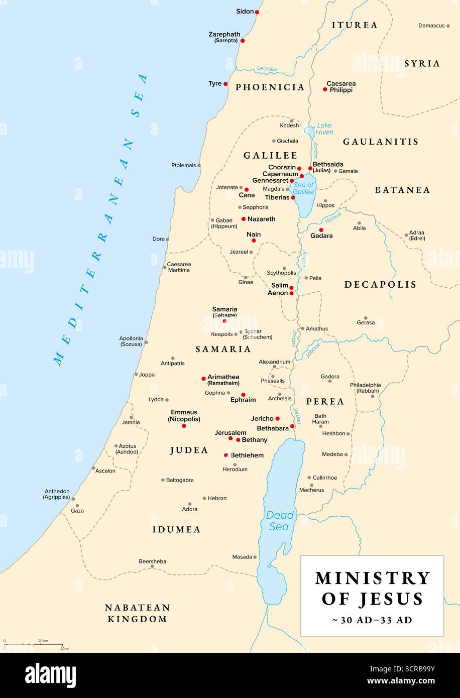 Ministère de Jésus, carte historique. Commençant par le baptême de Jésus près du Jourdain, se terminant à Jérusalem en Judée, après la dernière Cène. Banque D'Images