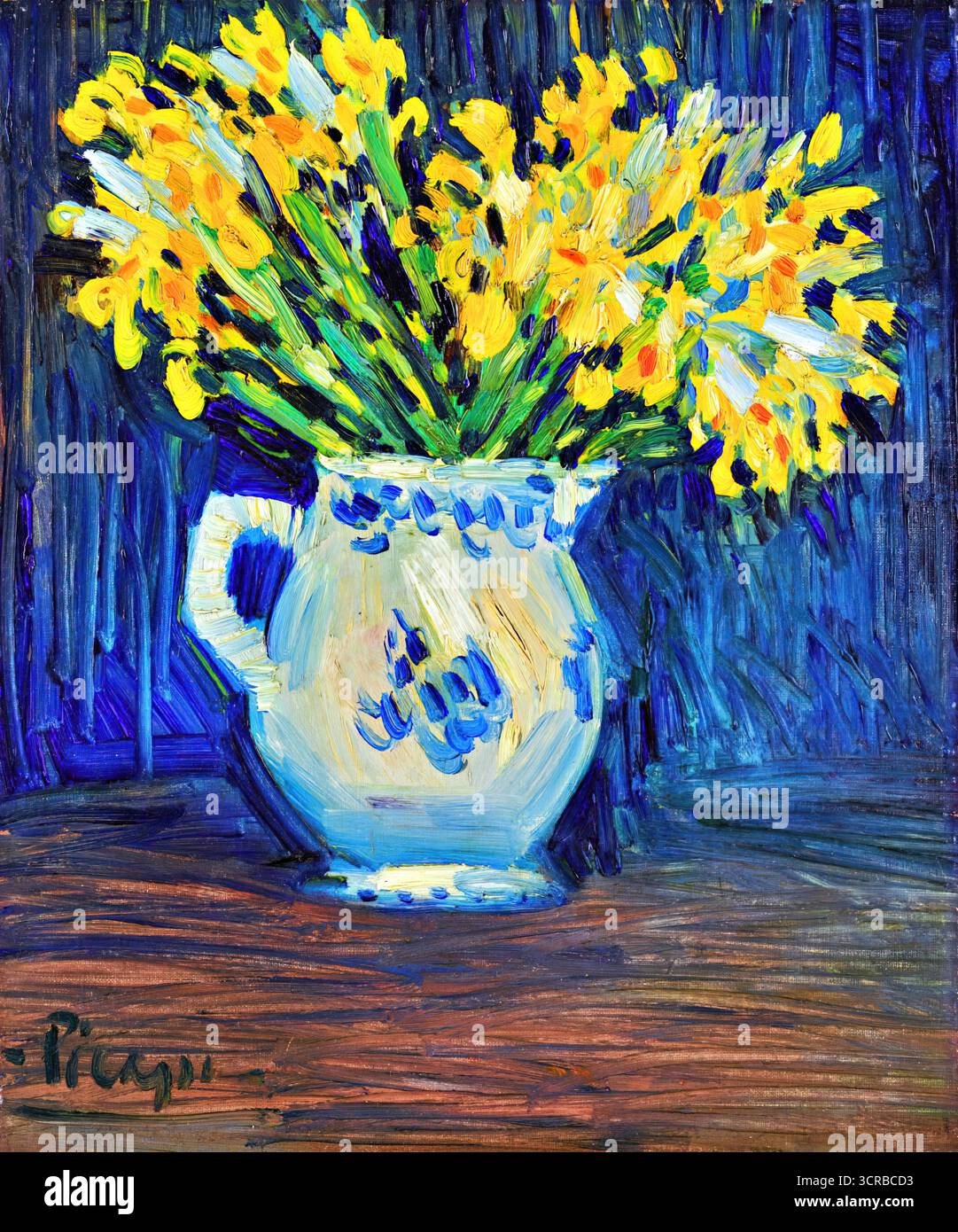 Pablo Picasso, Iris jaunes (Iris jaunes), 1901, nature morte à l'huile vibrante avec un vase blanc d'iris jaunes peint pour l'exposition Vollard. Illustration de Vecteur