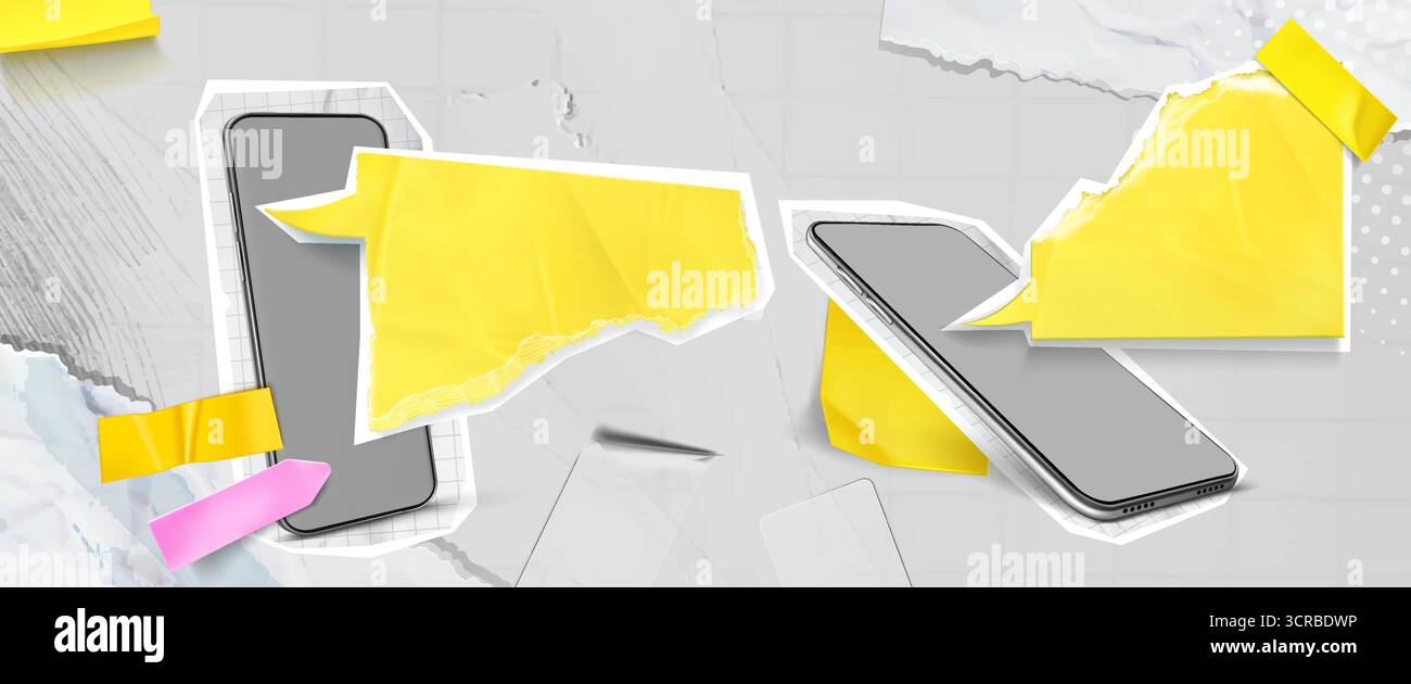 Maquettes de smartphone avec bulles de parole jaunes et textures de papier déchiré pour la conception de la communication numérique. Ruban rose, appareils mobiles gris et arrière-plans blancs. Composition de style collage moderne. Illustration de Vecteur