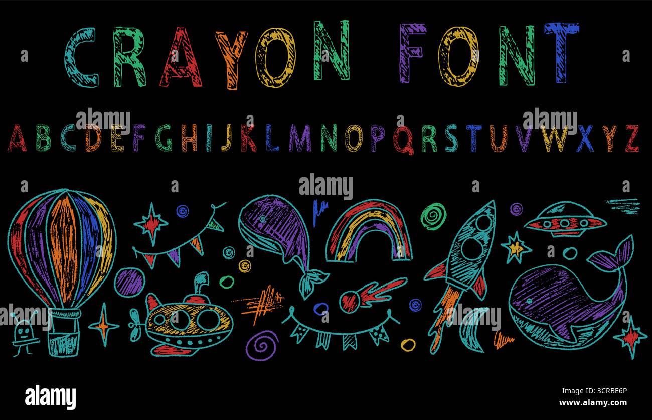 Représentation colorée au crayon d'une fusée volant au-dessus de la mer, avec des légendes anglaises de style crayon. Illustration de Vecteur