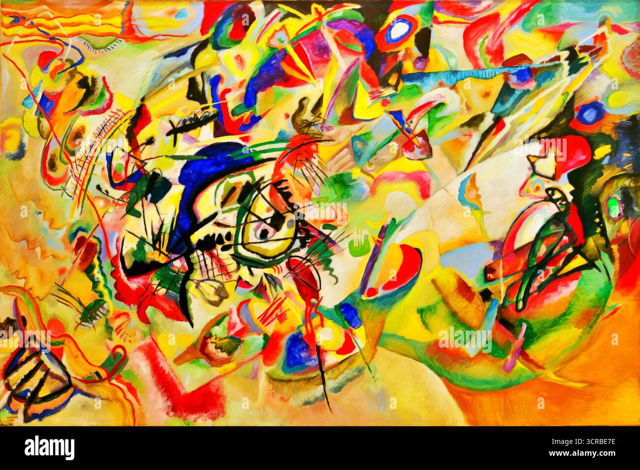 Wassily Kandinsky, composition VII (1913), huile abstraite monumentale aux lignes tourbillonnantes et aux champs de couleurs synthétisant des thèmes spirituels. Illustration de Vecteur