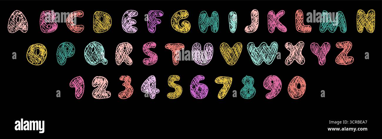 Alphabet vibrant et chiffres dessinés au crayon, accompagnés de griffonnages fantaisistes sur fond sombre. Illustration de Vecteur