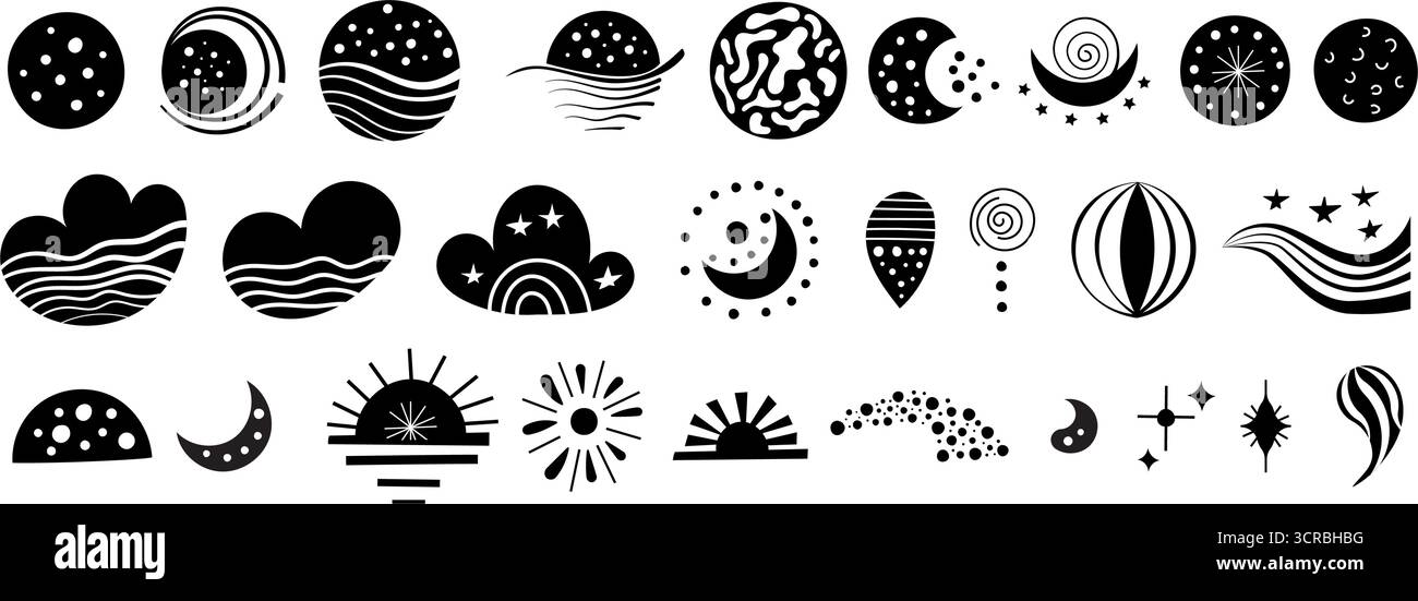 Une collection de motifs en noir et blanc avec des éléments cosmiques et des formes abstraites. L'œuvre comprend des étoiles, des planètes, des vagues et divers tourbillons, Illustration de Vecteur