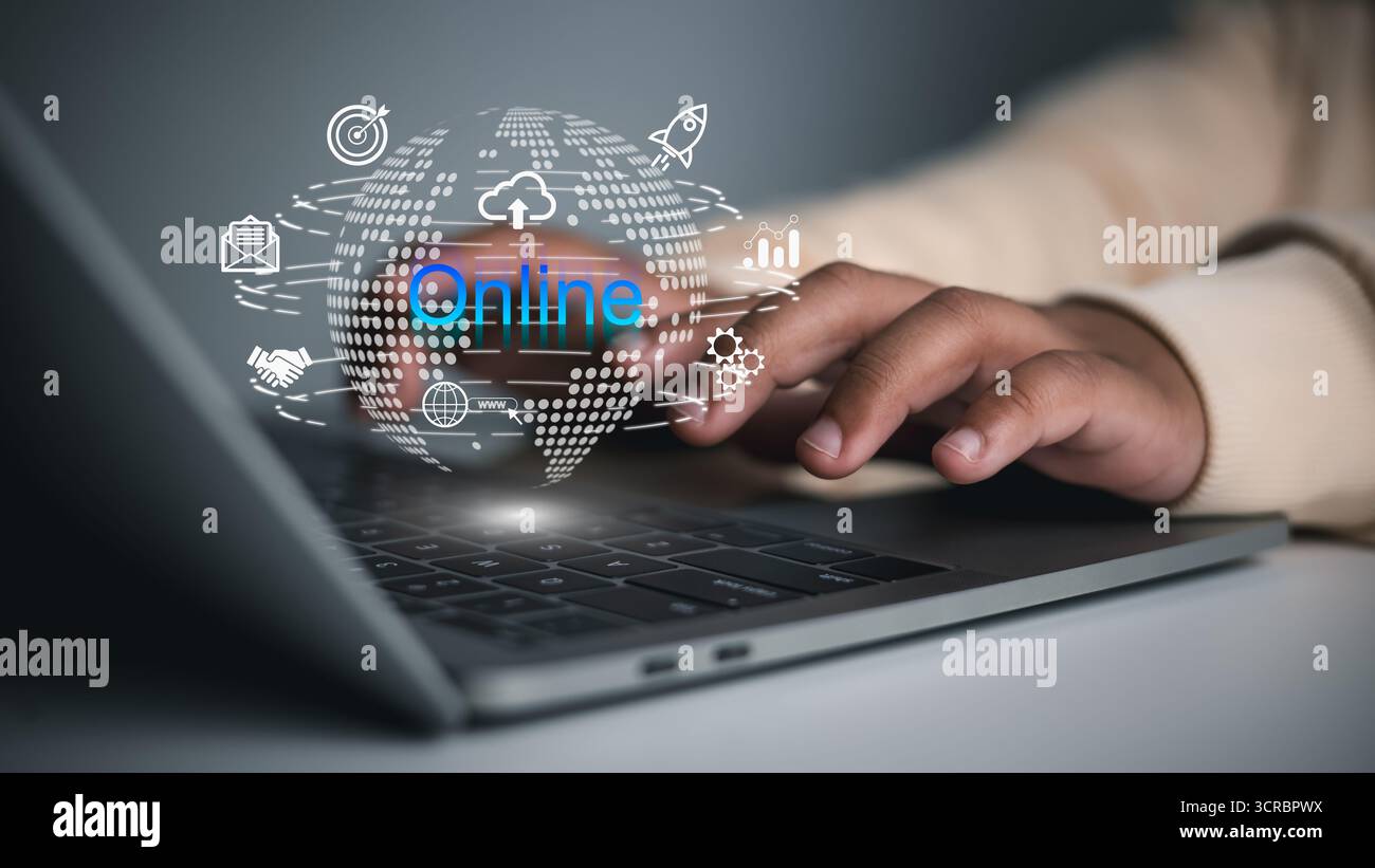 Concept de réseau d'affaires en ligne et de technologie numérique avec connexion Internet mondiale. Cloud Computing, e-commerce, marketing, communication et inno Banque D'Images