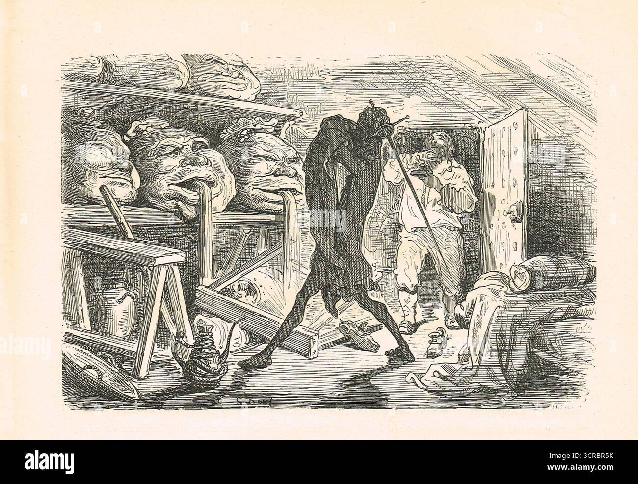 Don Quichotte en bataille avec les vinicoles. Ils coupent aux vinicoles, les croyant géants. Illustration de Gustave Dore. Banque D'Images