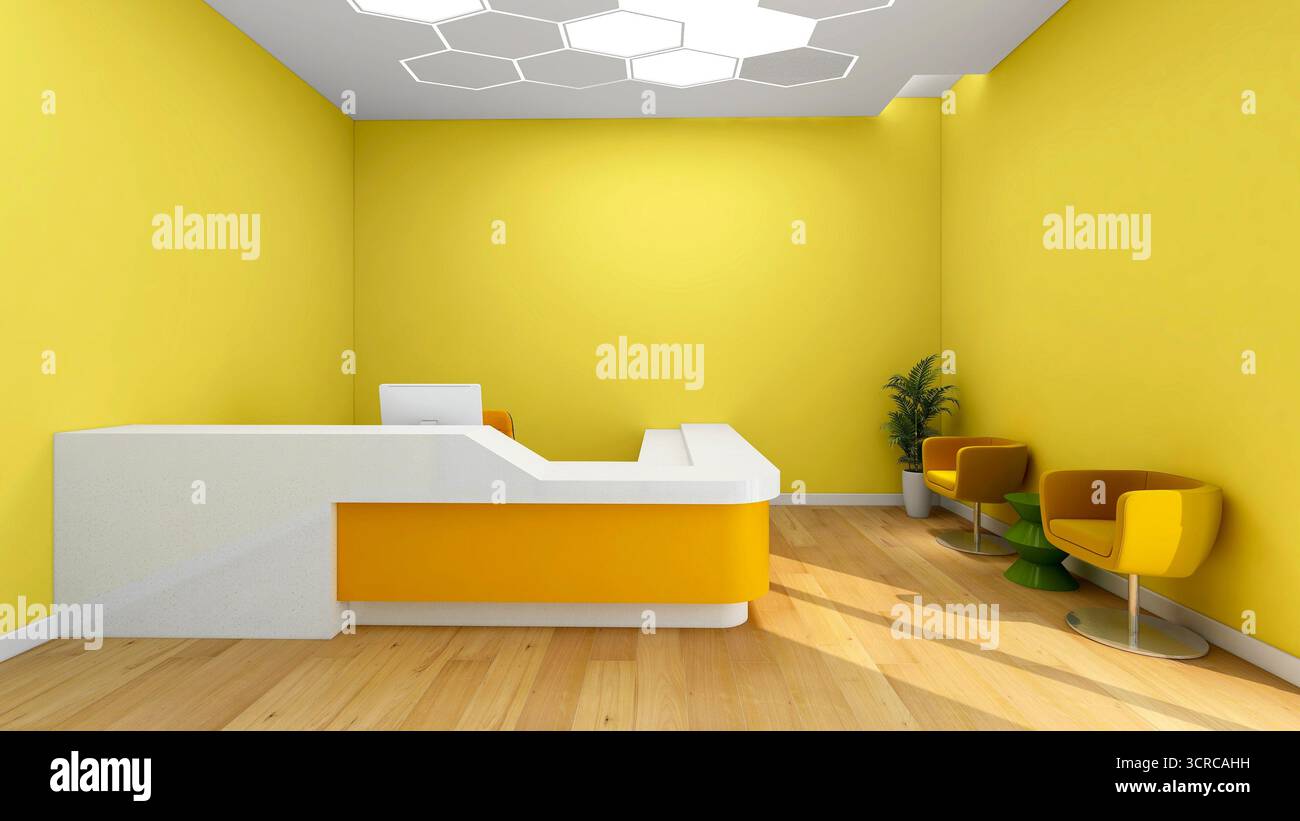 Intérieur de réception de bureau moderne avec mur jaune et bureau blanc, rendu 3D. Banque D'Images