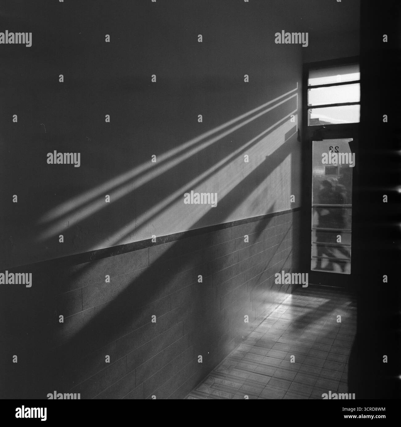 Format moyen noir et blanc. De longs rayons de soleil d'hiver s'étendent sur le mur d'entrée d'un bâtiment vieux de 90 ans. Géométrie silencieuse du temps et de la lumière. Banque D'Images
