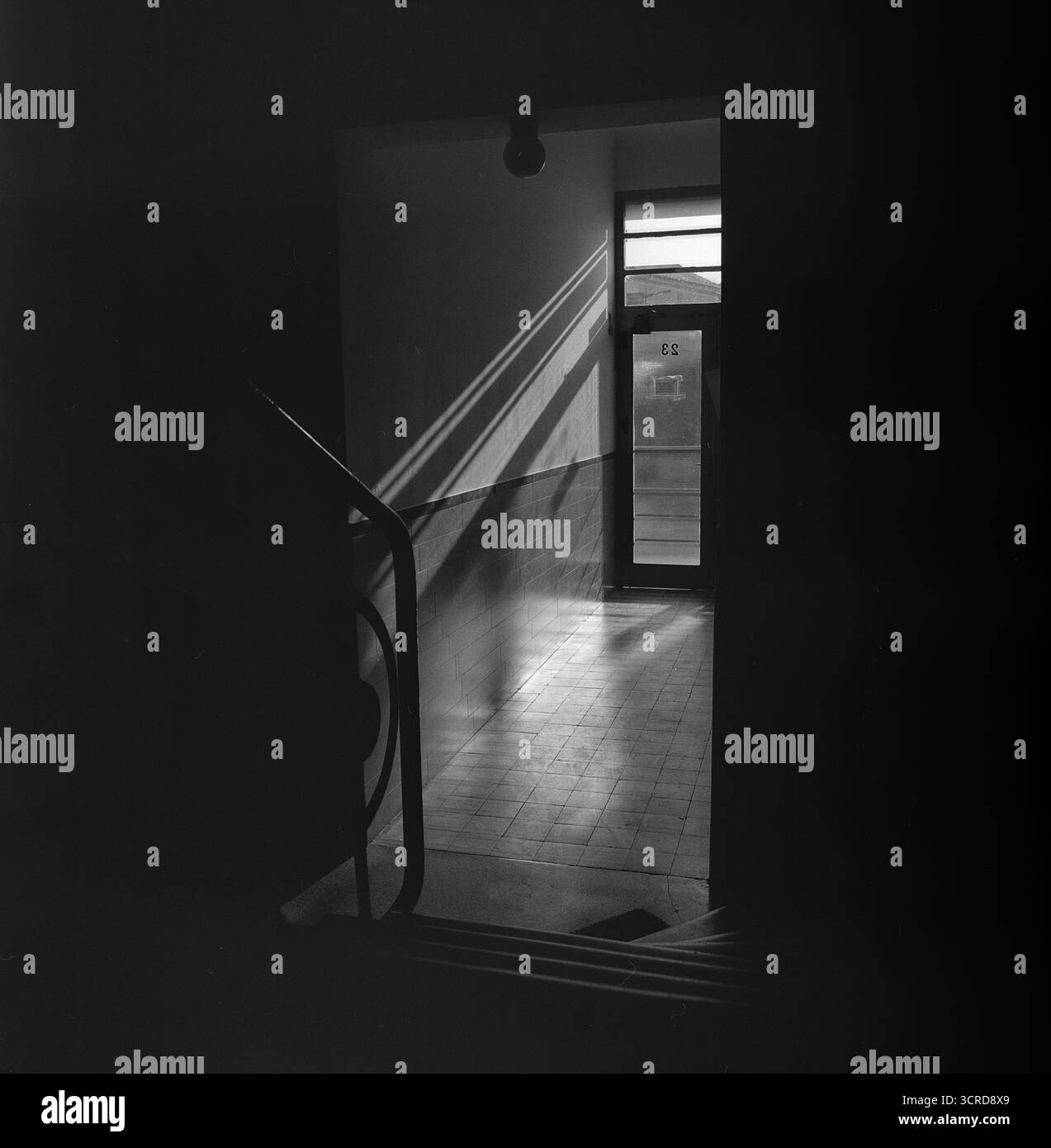Format moyen noir et blanc. De longs rayons de soleil d'hiver s'étendent sur le mur d'entrée d'un bâtiment vieux de 90 ans. Géométrie silencieuse du temps et de la lumière. Banque D'Images