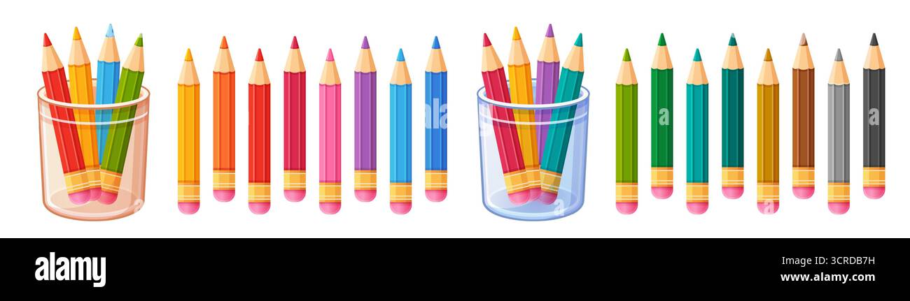 Crayon de couleur, crayons colorés dans le porte-gobelet en verre, fourniture d'art scolaire pour le dessin à la main. Stylo à écrire graphite pour enfants avec gomme. Jeu d'outils d'esquisse d'artiste Illustration de Vecteur