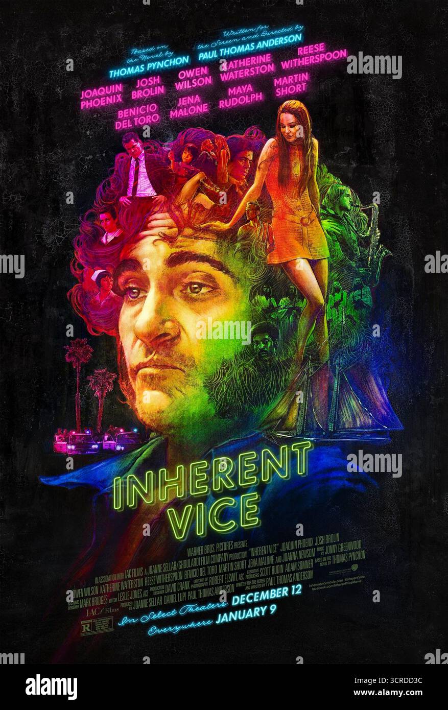 Inherent Vice (2014) réalisé par Paul Thomas Anderson et mettant en vedette Joaquin Phoenix, Josh Brolin et Owen Wilson. Le détective privé Doc Sportello s'emmêle dans un réseau de crime et de complot alors qu'il recherchait son ex-petite amie disparue dans les années 1970 à Los Angeles. Affiche AMÉRICAINE À une feuille POUR USAGE ÉDITORIAL UNIQUEMENT. Crédit : BFA / Warner Bros Banque D'Images