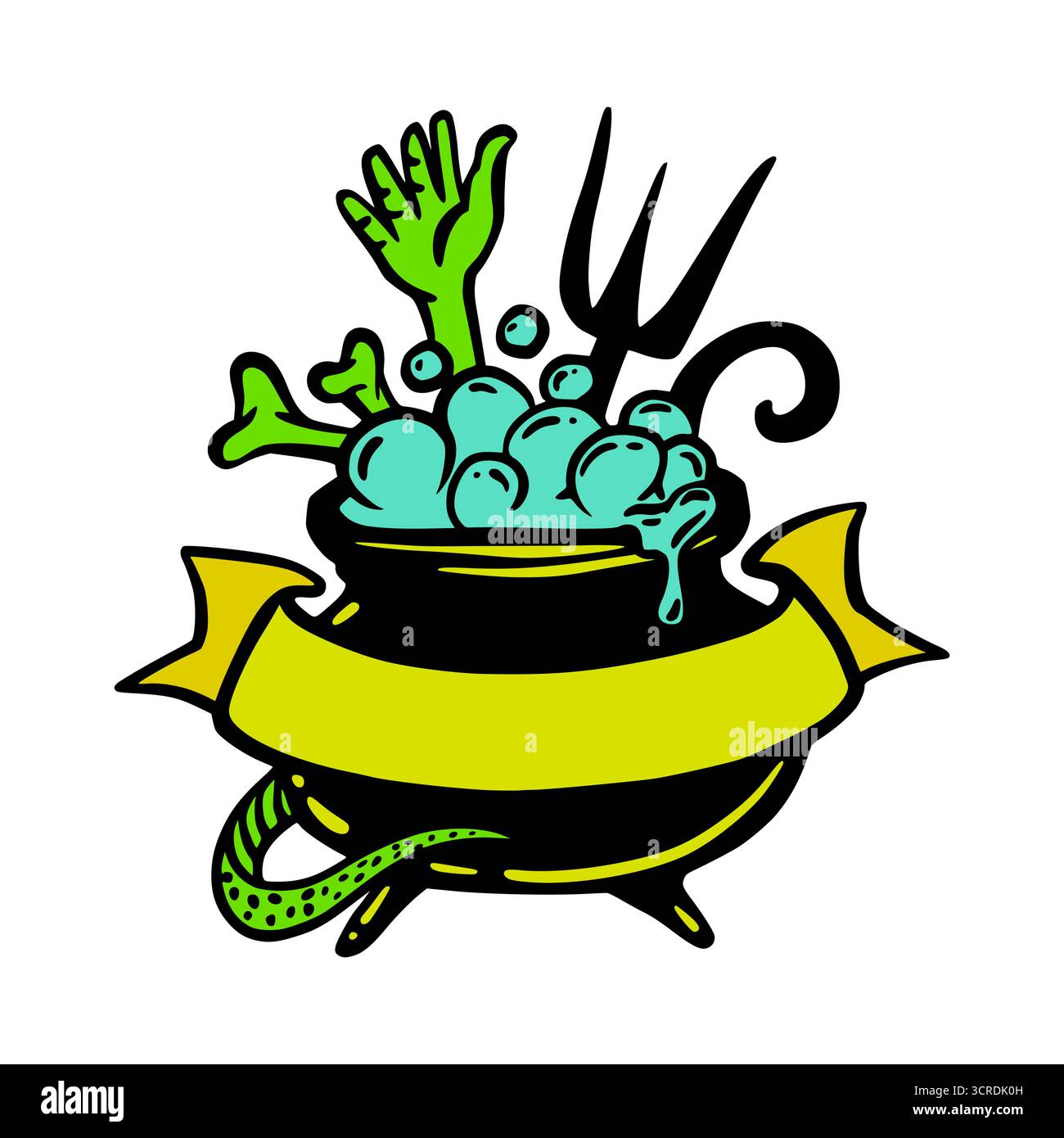 Halloween Cauldron et Zombie main avec ruban vide, joli dessin animé dans des couleurs jaune vert néon. Illustration vectorielle isolée pour autocollant ou Illustration de Vecteur