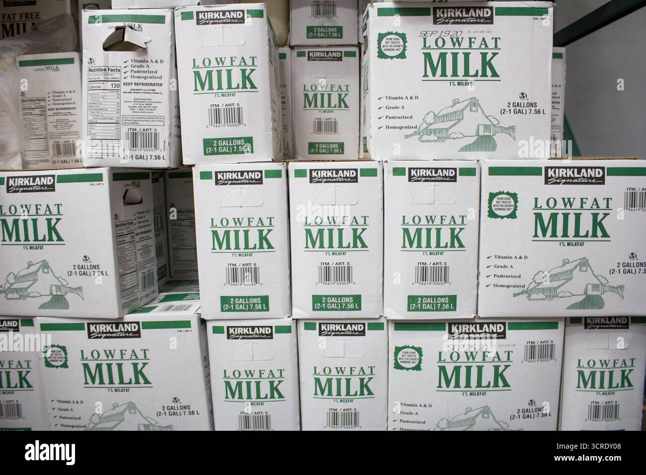 Los Angeles, Californie, États-Unis - 09-01-2020 : une vue de plusieurs paquets de lait à faible teneur en gras Kirkland signature, exposés dans un local Costco. Banque D'Images