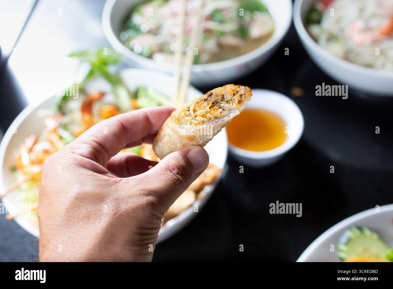 Une vue d'une main tenant un rouleau d'oeufs vietnamien. Banque D'Images