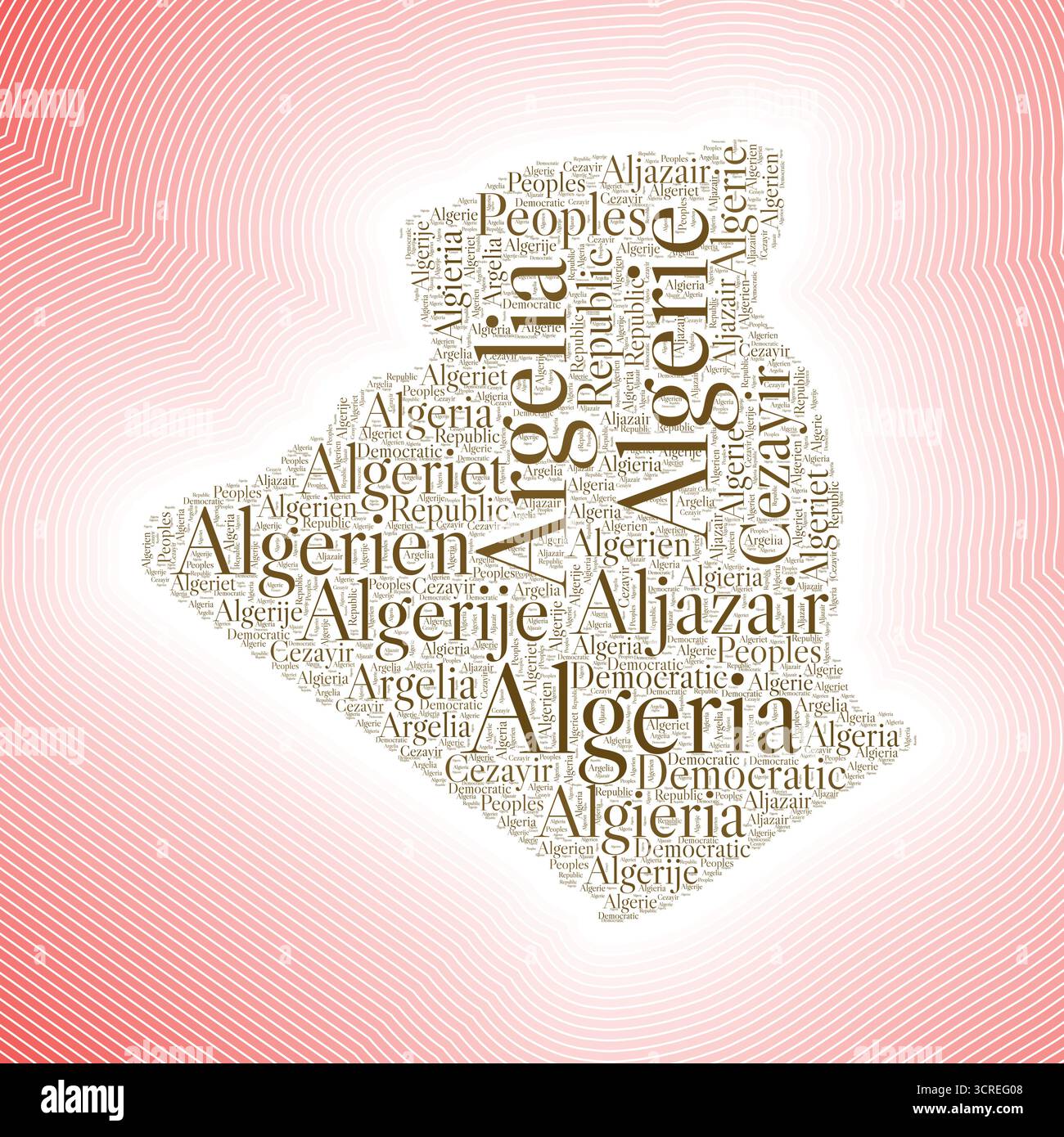 Algérie forme formée par le nom du pays dans plusieurs langues. Frontière algérienne sur fond dégradé rayé élégant. Affiche vibrante. Illustration de Vecteur