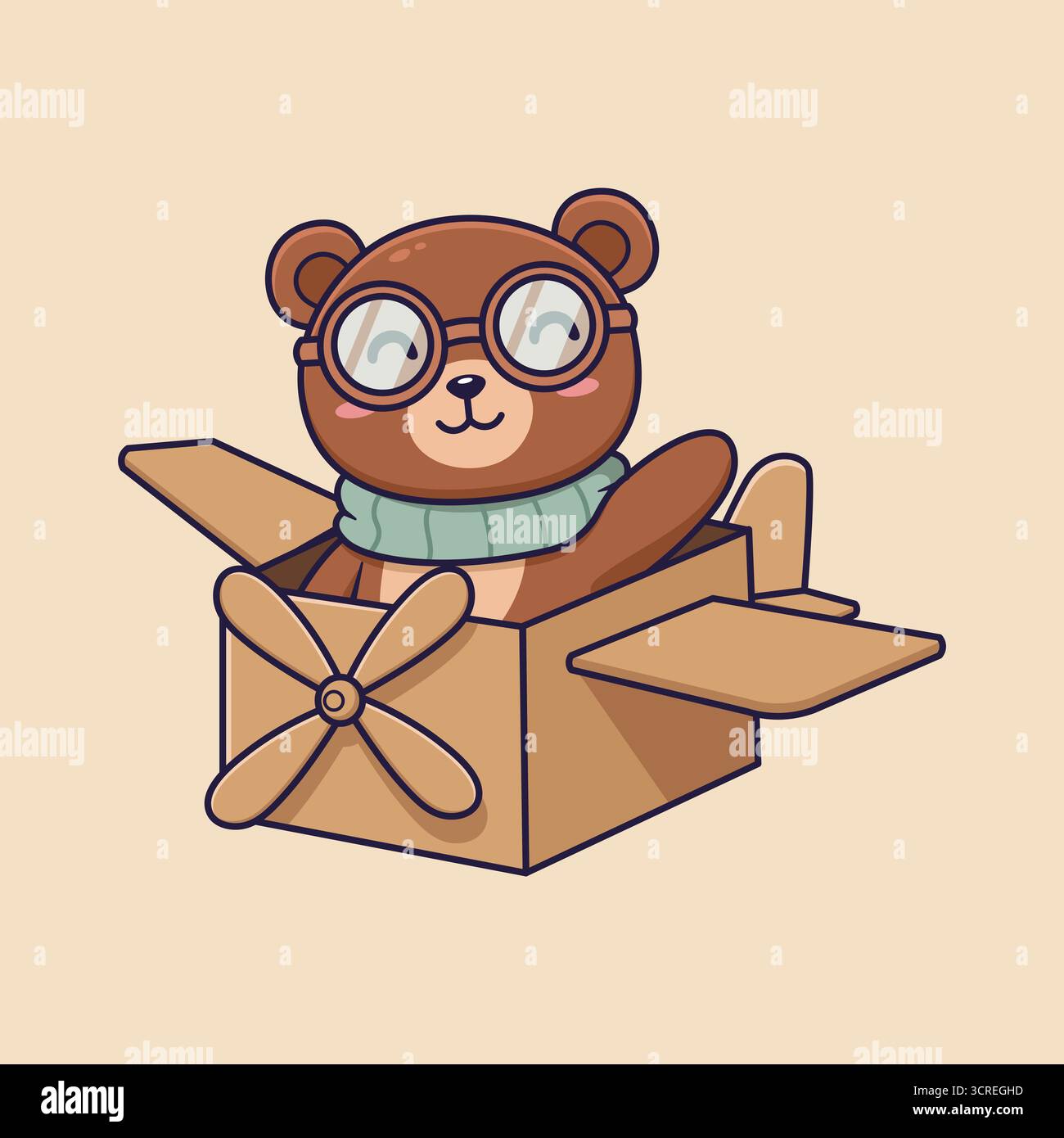 Cute Teddy Bear Pilot dans Cardboard Airplane. illustration vectorielle Banque D'Images