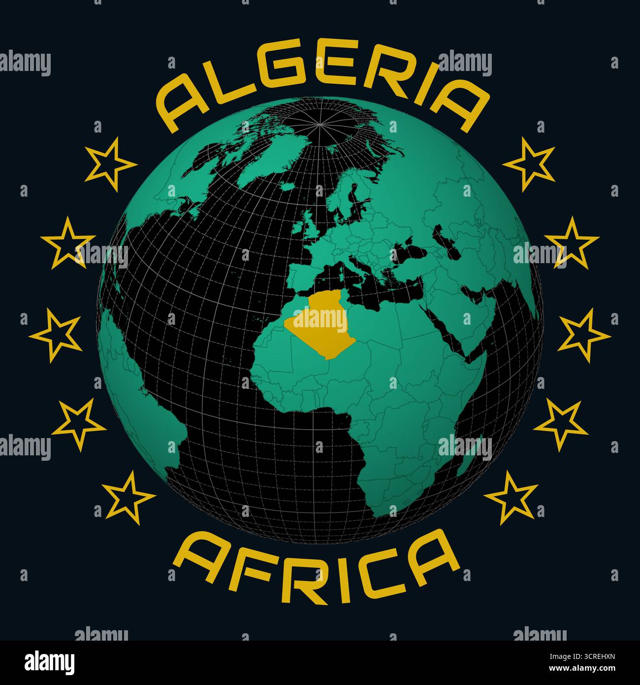 République algérienne démocratique et populaire sur Globe. Arrondissez le texte du nom du pays et du continent. Vue du pays sur la carte du monde dans la palette de couleurs Black Emerald. Illustration de Vecteur