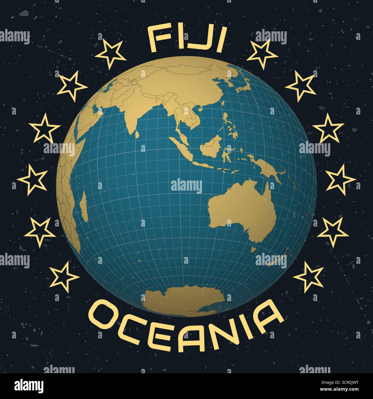 République des Fidji sur Globe. Nom du pays dans le texte rond. Look vintage avec texture grunge rayée. Illustration de Vecteur