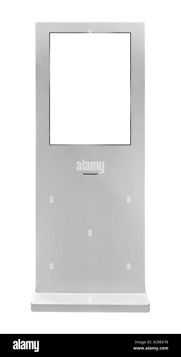 Signalétique numérique contemporaine verticale avec finition blanche. Corps principal du kiosque grand rectangle minimaliste reposant sur une base solide. Il y a un petit ho subtil Banque D'Images