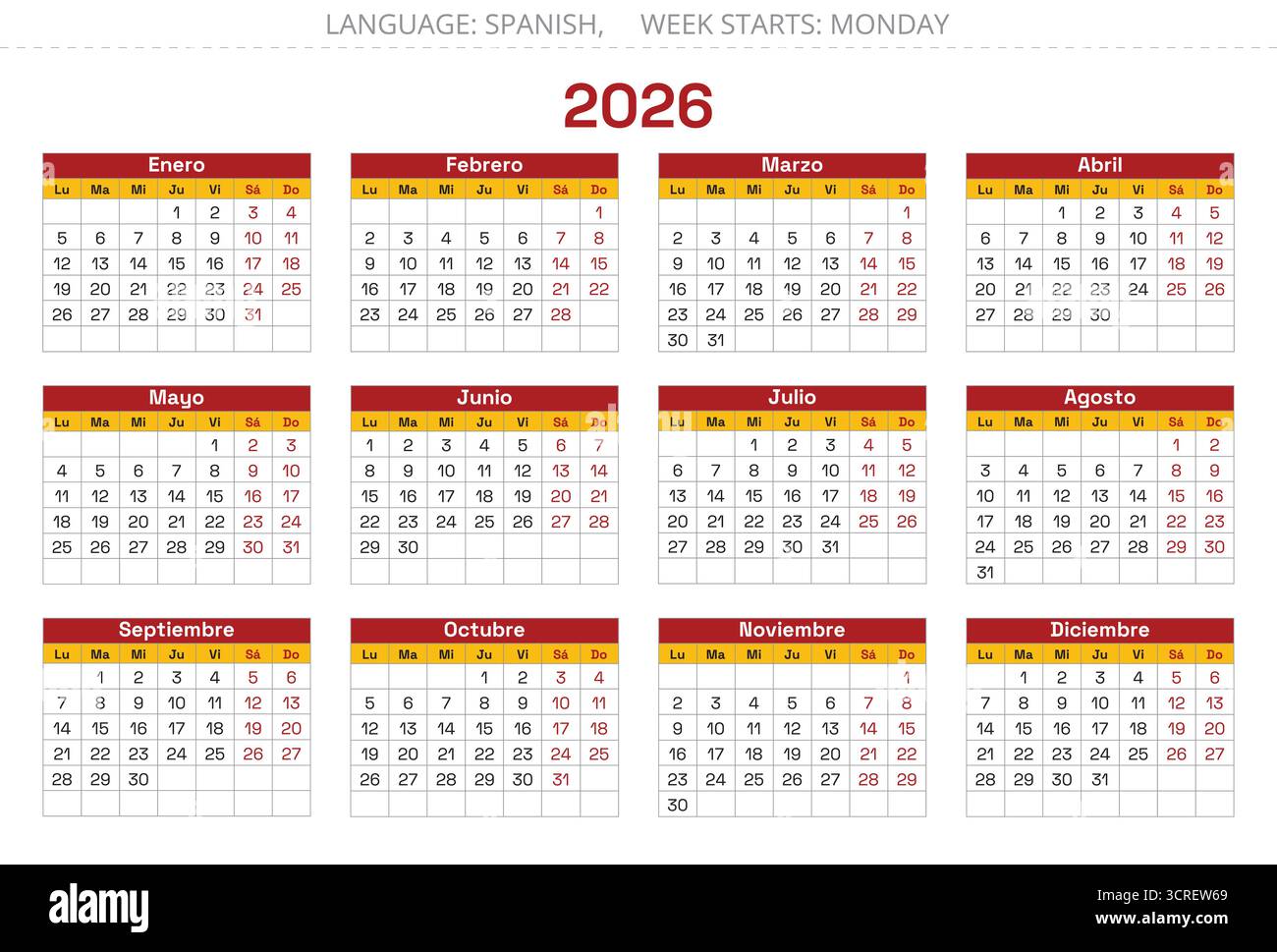 Calendrier espagnol de 2026 ans aux couleurs du drapeau de l'Espagne Illustration de Vecteur