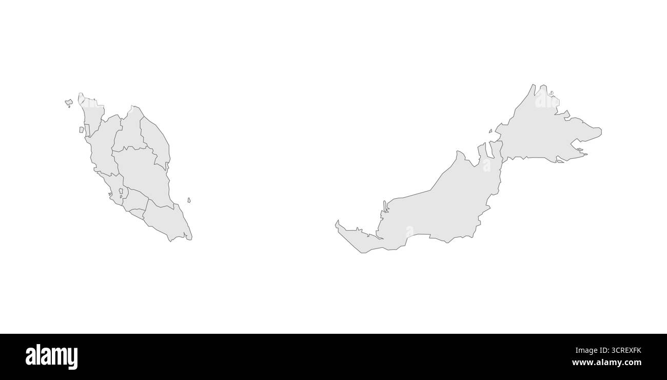 Carte politique de Malaisie des divisions administratives - états et territoires fédéraux. EPS de carte modifiable vectorielle vierge grise. Illustration de Vecteur
