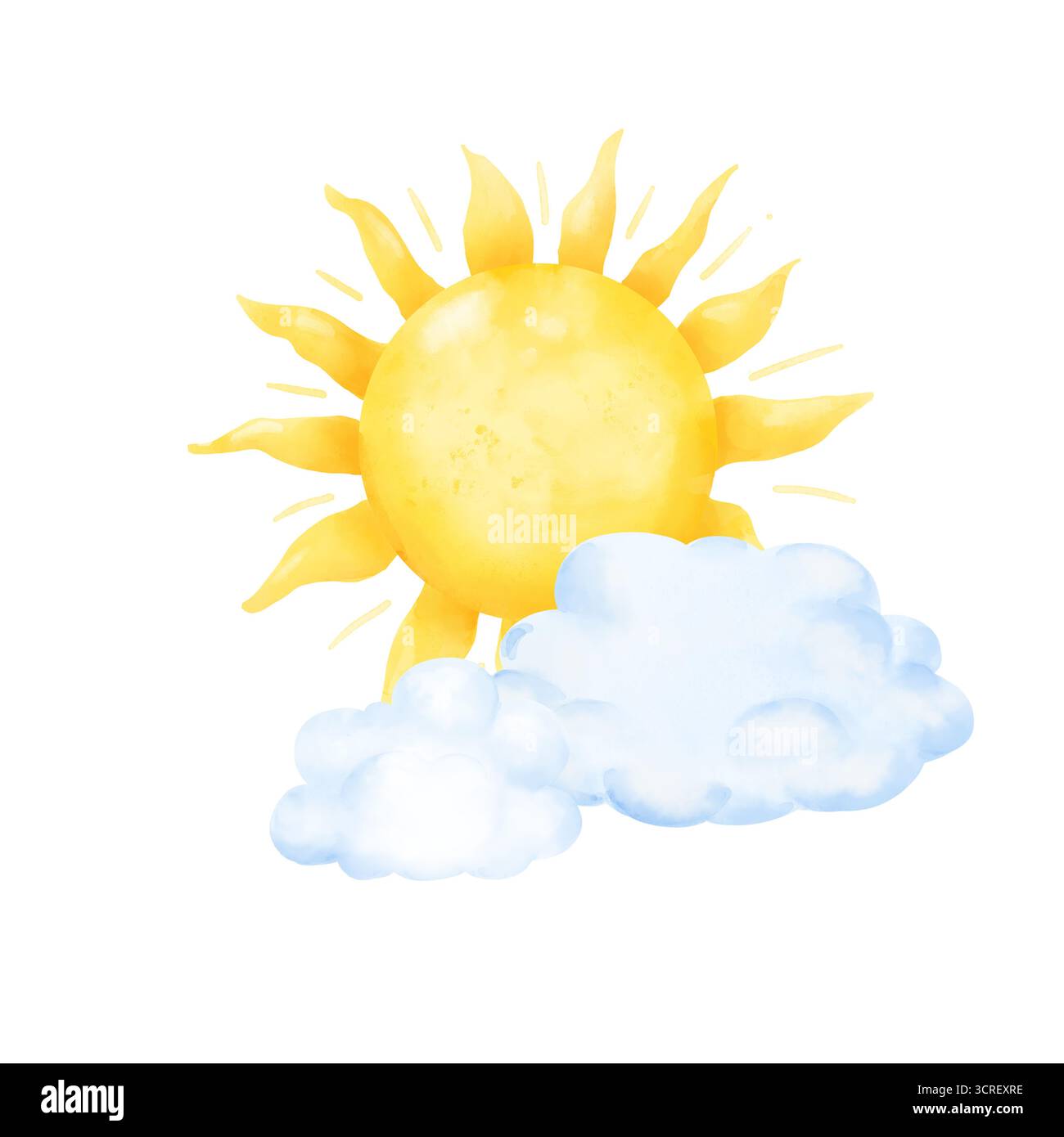 Un soleil jaune avec des rayons et des nuages bleus moelleux. Illustration numérique aquarelle. Un drôle de soleil, isolé sur un fond blanc. Convient pour textile prin Banque D'Images
