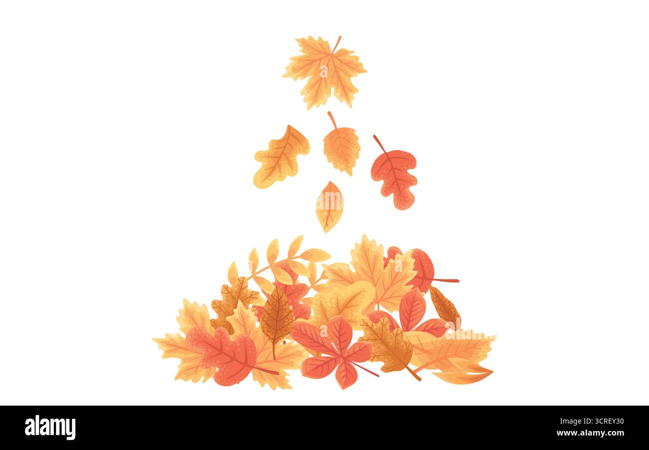 Pile de feuilles d'automne. Feuilles tombées de dessin animé sur le sol, tapis coloré de feuille d'érable couleurs orange rouge jaune vert. Vecteur nature feuillage d'automne Illustration de Vecteur