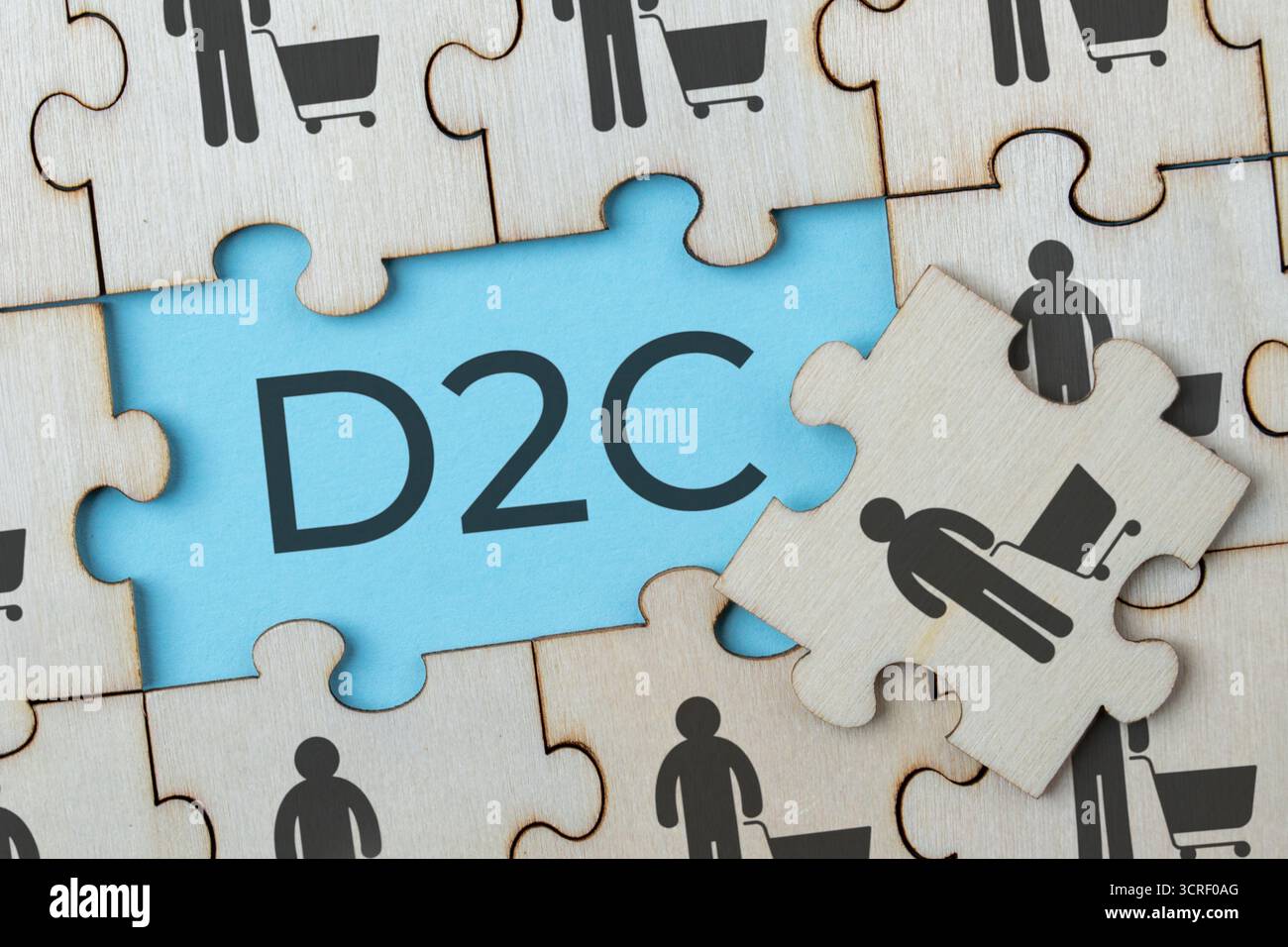 Puzzle avec icône de consommateur et texte D2C ou Direct to Consumer. Concept commercial. Banque D'Images