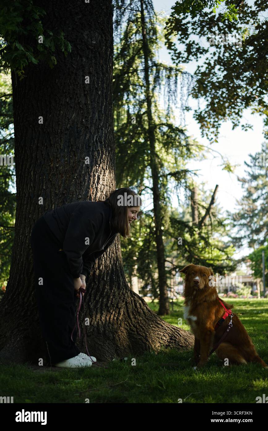 Une femme se tient près d'un grand arbre et regarde son Retriever de la Nouvelle-Écosse Duck Tolling assis calmement sur l'herbe. Banque D'Images