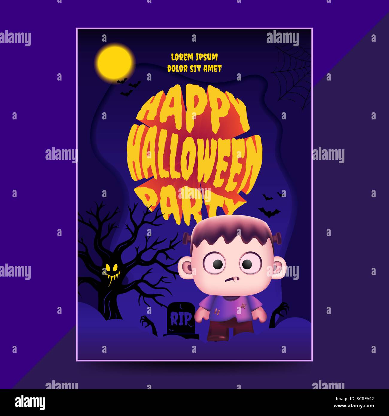 Affiche sombre de la fête d'Halloween avec un monstre de dessin animé, un arbre hanté, des chauves-souris, la lune et une typographie effrayante. Parfait pour les flyers de fête, les invitations à des événements Illustration de Vecteur
