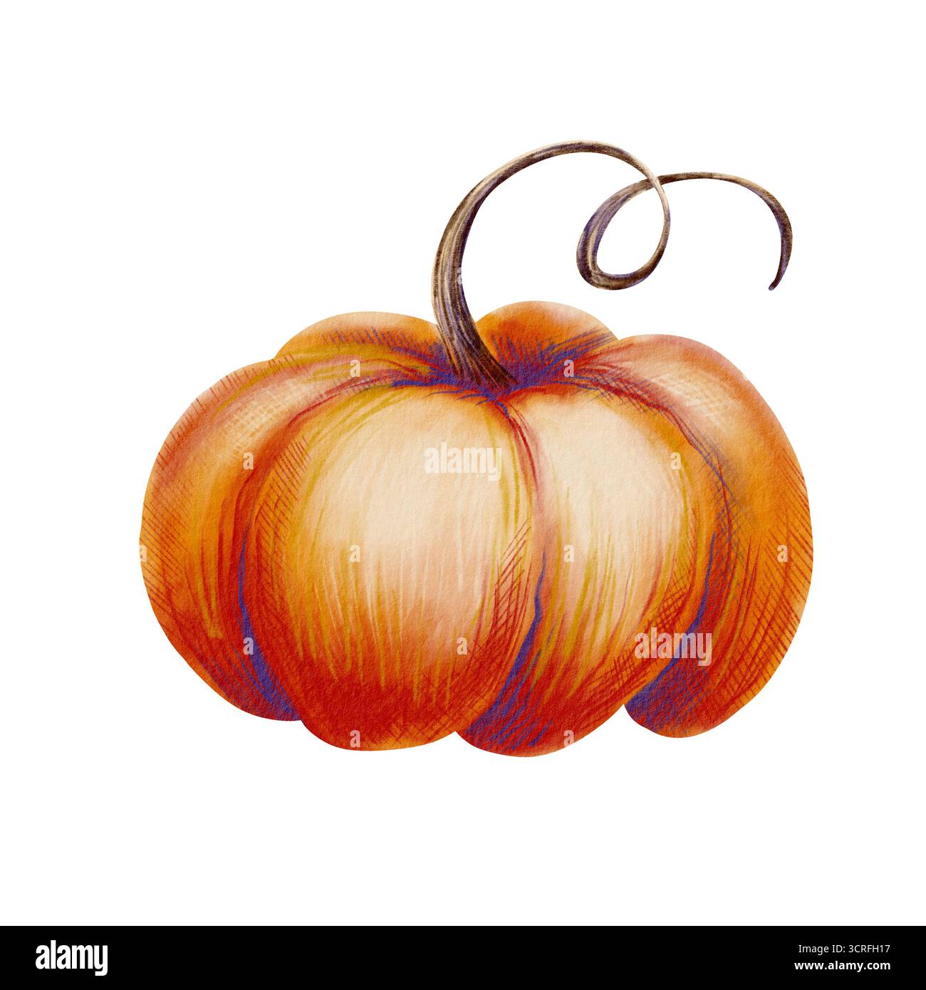 Citrouille orange joyeuse dans un style enfantin, fabriquée avec des lavages doux à l'aquarelle et des crayons de couleur texturés. Pour les projets d'automne, le décor de pépinière et les enfants Banque D'Images