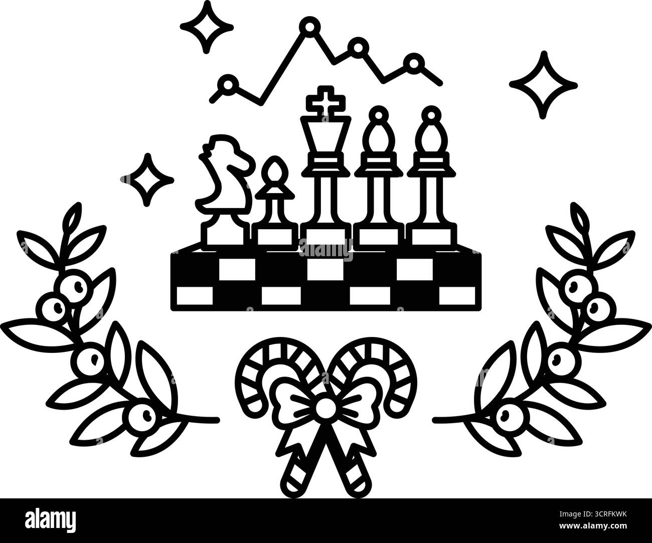 Une image en noir et blanc d'un échiquier avec une couronne de feuilles et une canne de bonbon Illustration de Vecteur