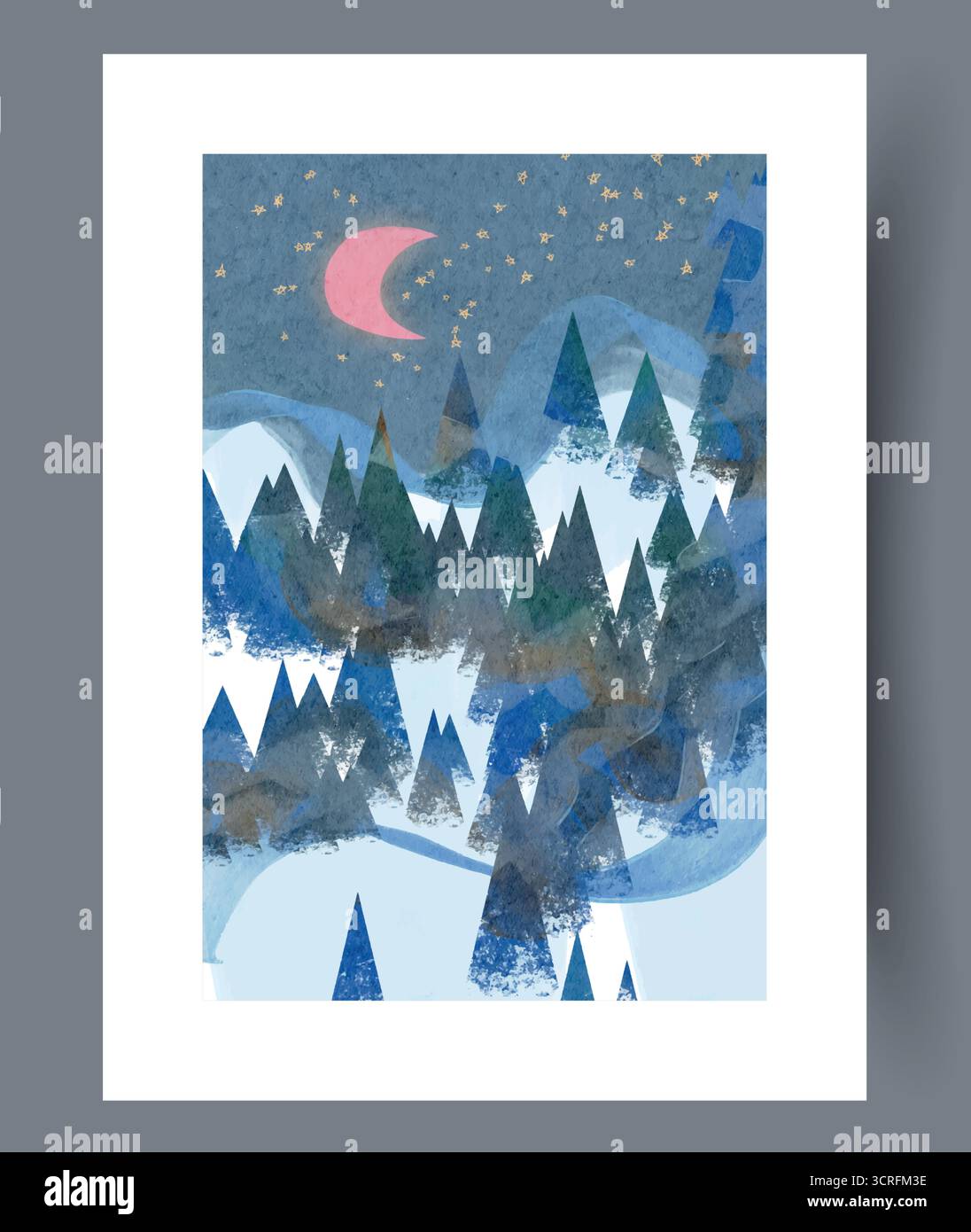 Vivez une nuit d'hiver sereine dans la Forêt enchantée illuminée par une belle lune rose Illustration de Vecteur