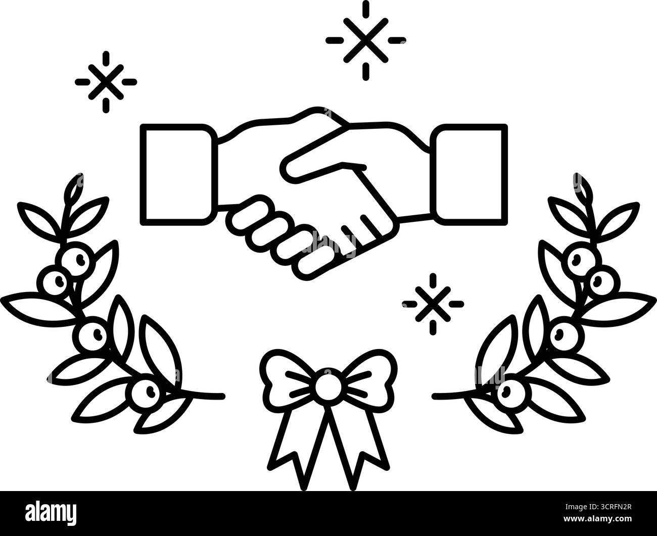 Une poignée de main entre deux personnes est montrée dans une couronne de feuilles. Concept d'unité et de coopération Illustration de Vecteur