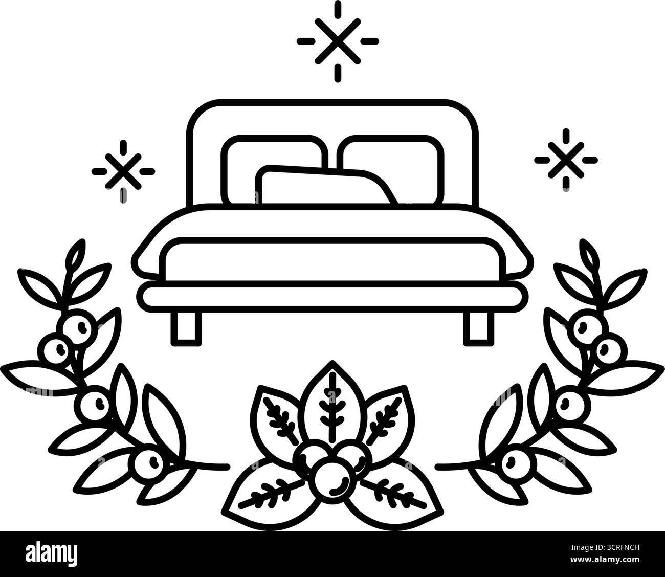 Un lit avec un motif floral autour. Le lit est blanc et les fleurs sont vertes. Le lit est le foyer principal de l'image Illustration de Vecteur